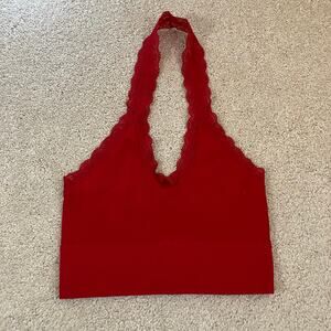 Cherry red lace halter crop top, Y2K bohemian